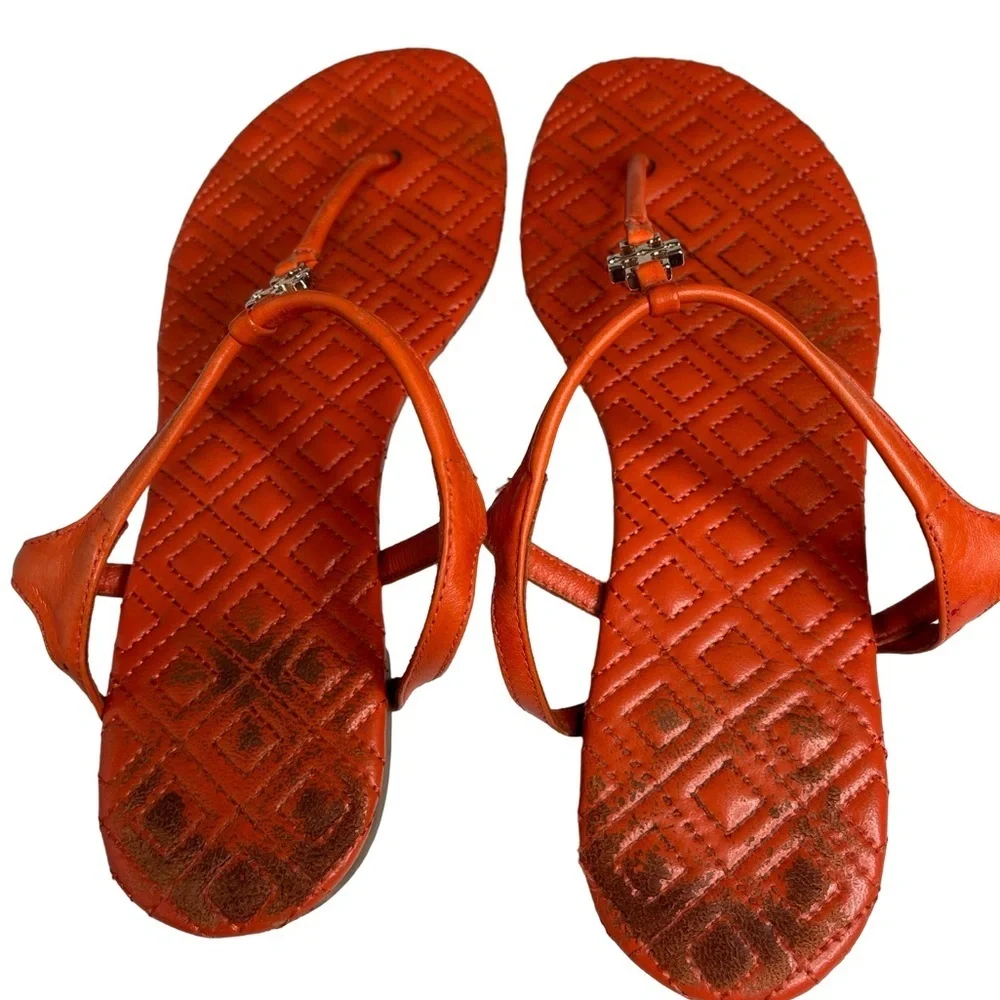 Tory Burch quilted poppy pumpkin Orange thong sandals women size 8/leather